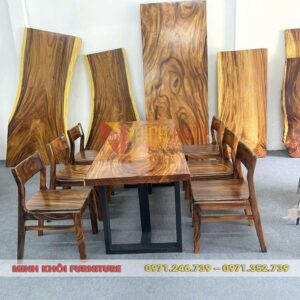 Bộ bàn ăn gỗ me tây MK-0039 | Bàn nguyên tấm, ghế Bella sang trọng