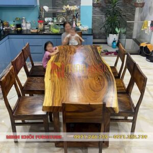 Bộ bàn ăn gỗ me tây MK-0040 – Bàn nguyên tấm, 8 ghế đồng bộ
