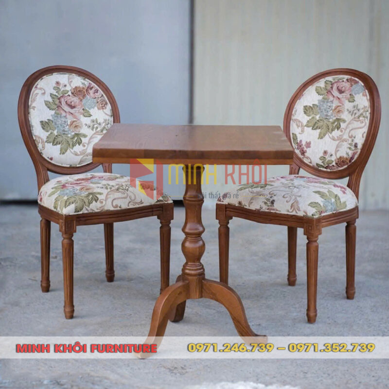 Bộ bàn ghế cafe Louis không tay gỗ cao su, nệm hoa văn cổ điển