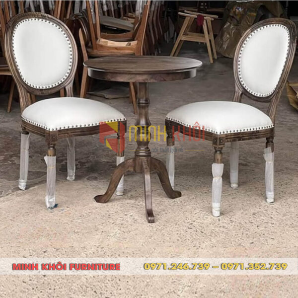 Bộ bàn ghế cafe Louis không tay gỗ cao su, nệm hoa văn cổ điển