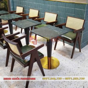 Bộ bàn ghế gỗ cafe decor MK-0074 – Khung gỗ cao su, mặt đá sang trọng