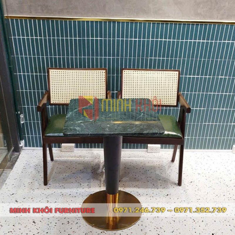 Bộ bàn ghế gỗ cafe decor MK-0074 12 Bộ bàn ghế gỗ cafe decor MK-0074 – Khung gỗ cao su, mặt đá sang trọng