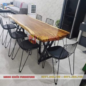 Bộ bàn ăn gỗ me tây tự nhiên nguyên tấm đẹp cho gia đình và quán ăn
