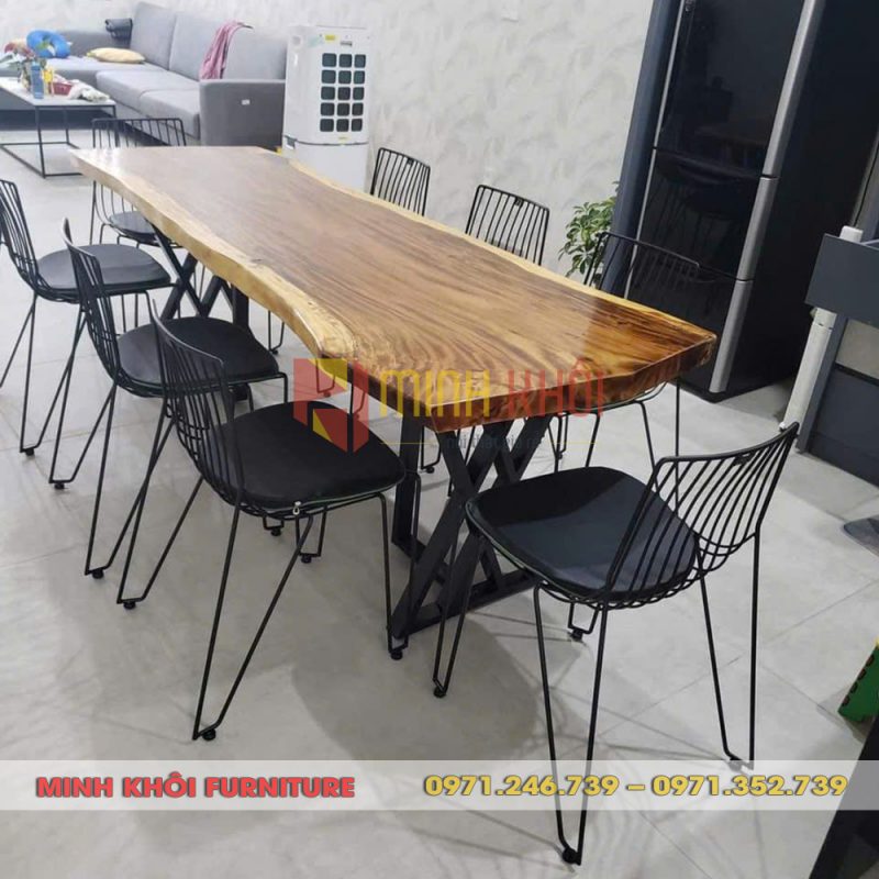 Bộ bàn ăn gỗ me tây tự nhiên nguyên tấm 6 Bộ bàn ăn gỗ me tây tự nhiên nguyên tấm đẹp cho gia đình và quán ăn