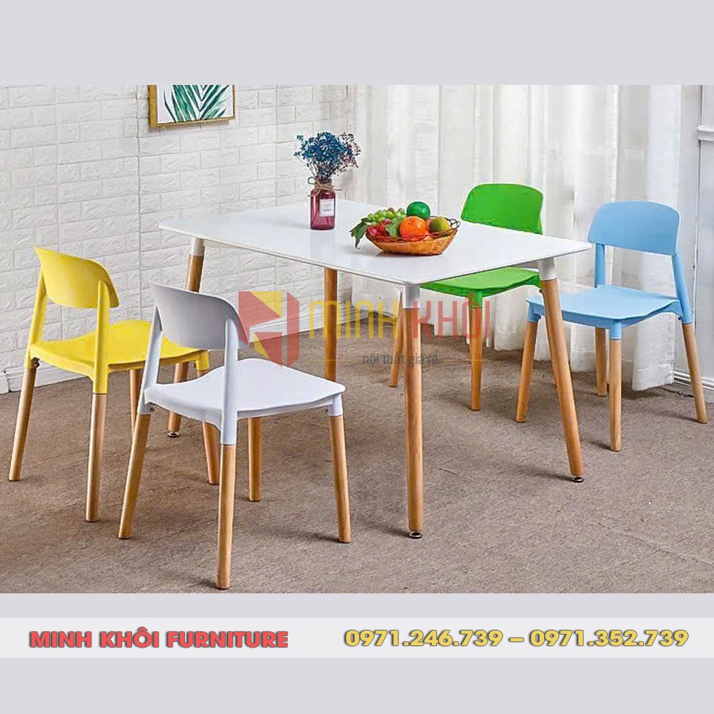 Ghế mặt nhựa chân gỗ MK-0096 5 Ghế Mặt Nhựa Chân Gỗ MK-0096 Bền Đẹp Cho Quán Cafe