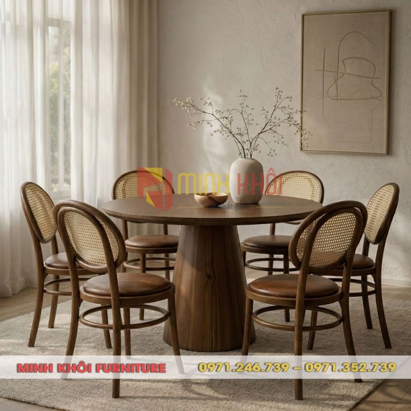 Bộ bàn ăn tròn 6 ghế Thonet mặt trăng gỗ ASH đẹp sang cho quán cafe, nhà hàng