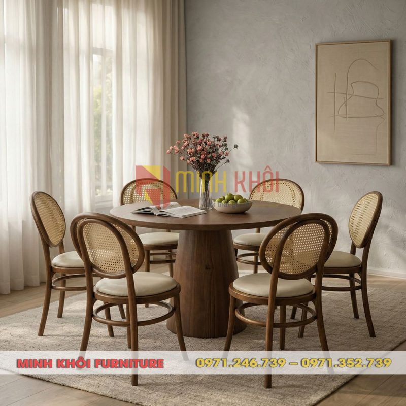 Bộ bàn ăn tròn 6 ghế Thonet mặt trăng gỗ ASH đẹp sang cho quán cafe, nhà hàng