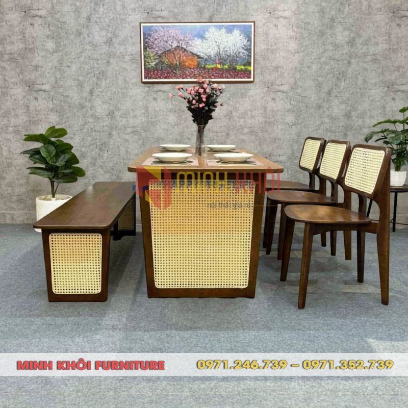Bộ bàn ghế gỗ nhà hàng CH301 đan mây tự nhiên cao cấp