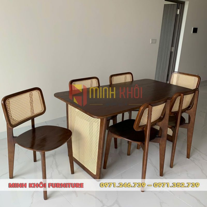 Bộ bàn ghế gỗ nhà hàng CH301 đan mây tự nhiên cao cấp