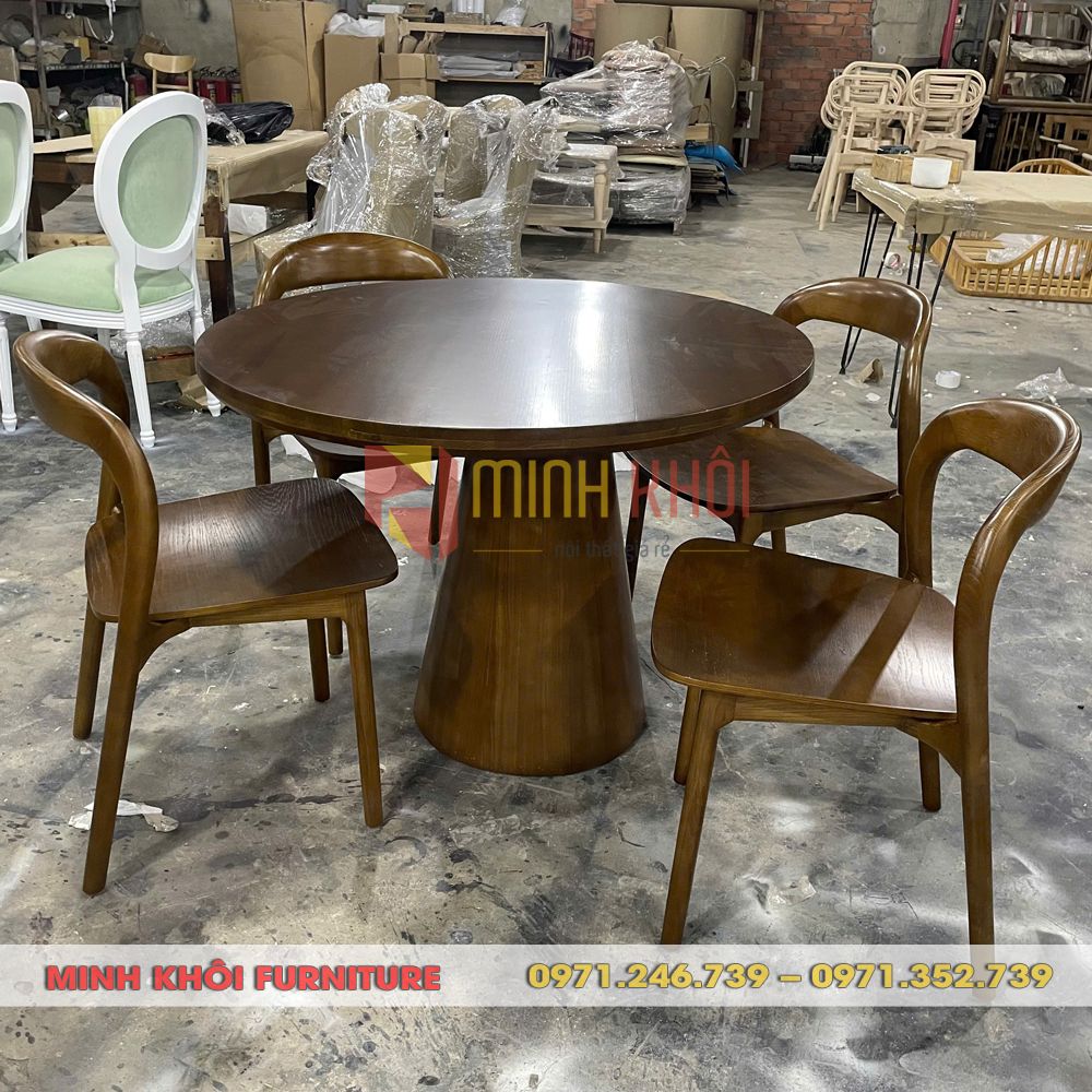 Bộ bàn ăn tròn 4 ghế Neva không tay gỗ ash 1 Bộ bàn ăn tròn 4 ghế Neva không tay gỗ ash cao cấp